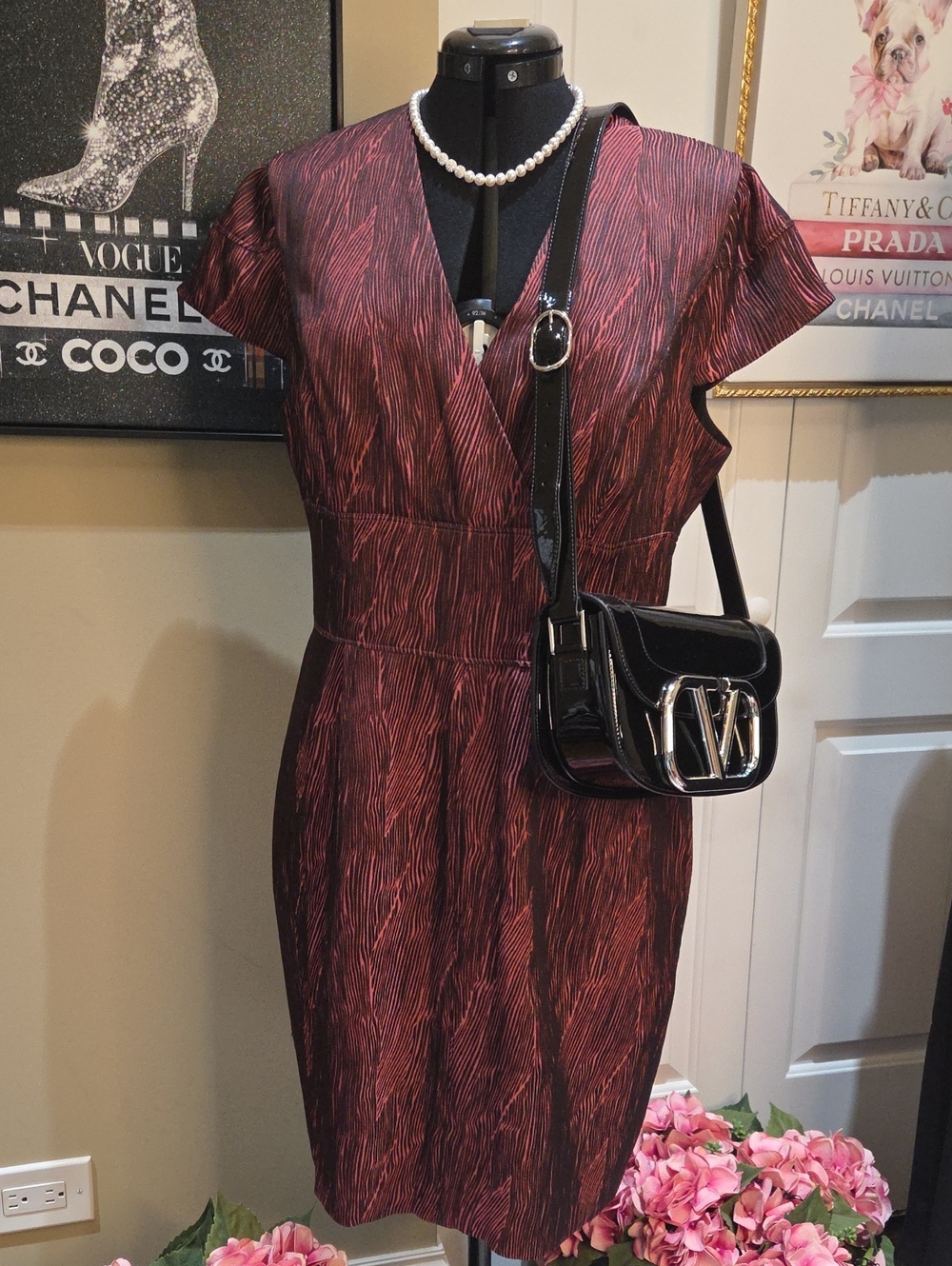 V-Neck Midi Dress in Red and Black